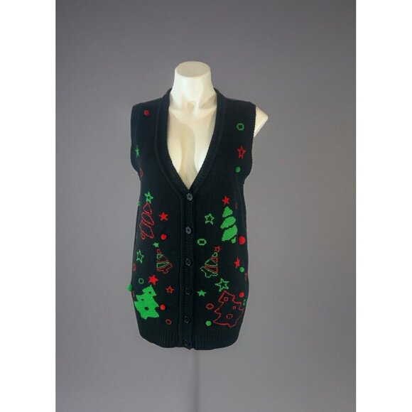 Holiday Tradition Black Red & Green Christmas Trees Sweater Vest Size medium New - Picture 1 of 8